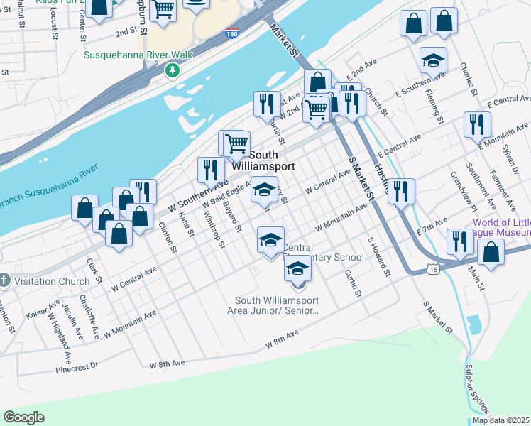 map of restaurants, bars, coffee shops, grocery stores, and more near 515 West Central Avenue in South Williamsport
