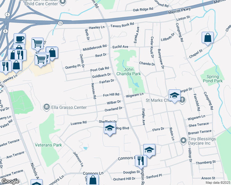 map of restaurants, bars, coffee shops, grocery stores, and more near 50 Wilbar Drive in Stratford