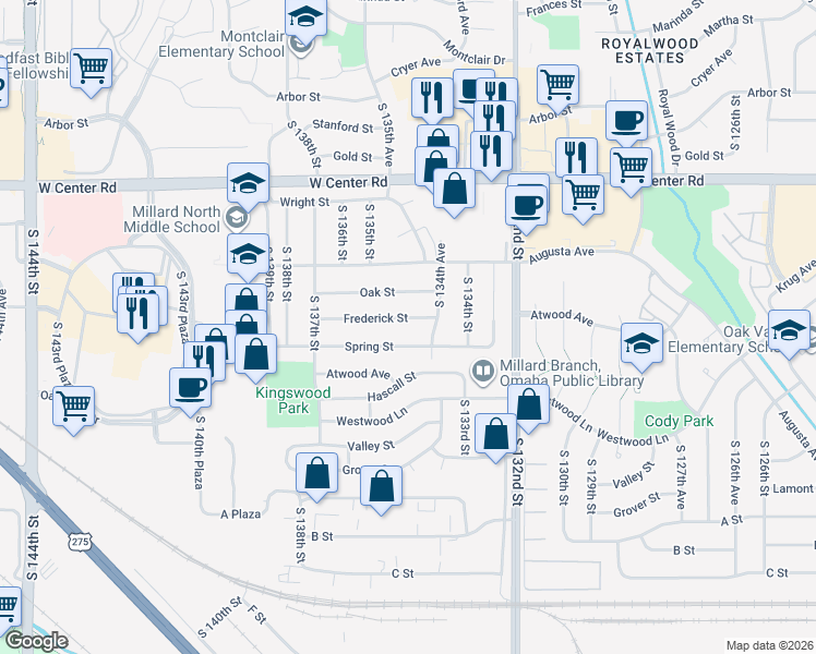 map of restaurants, bars, coffee shops, grocery stores, and more near 13489 Spring Street in Omaha