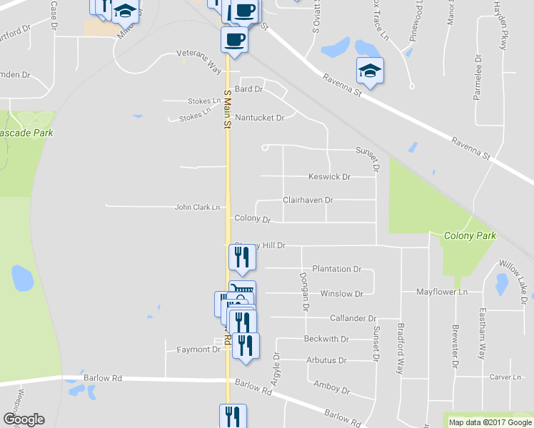 map of restaurants, bars, coffee shops, grocery stores, and more near 41 Colony Drive in Hudson