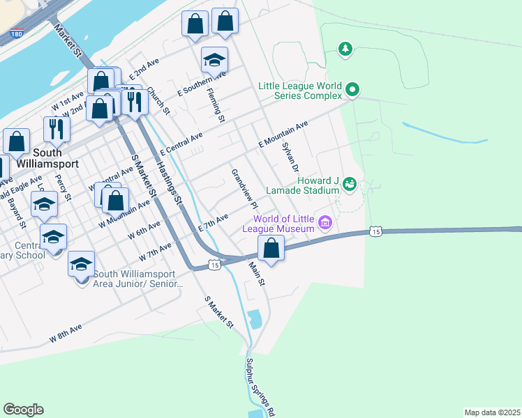 map of restaurants, bars, coffee shops, grocery stores, and more near 716-798 Grandview Place in South Williamsport