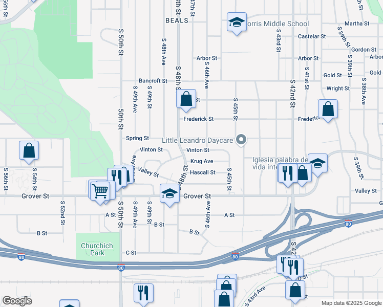 map of restaurants, bars, coffee shops, grocery stores, and more near 3270 South 48th Street in Omaha