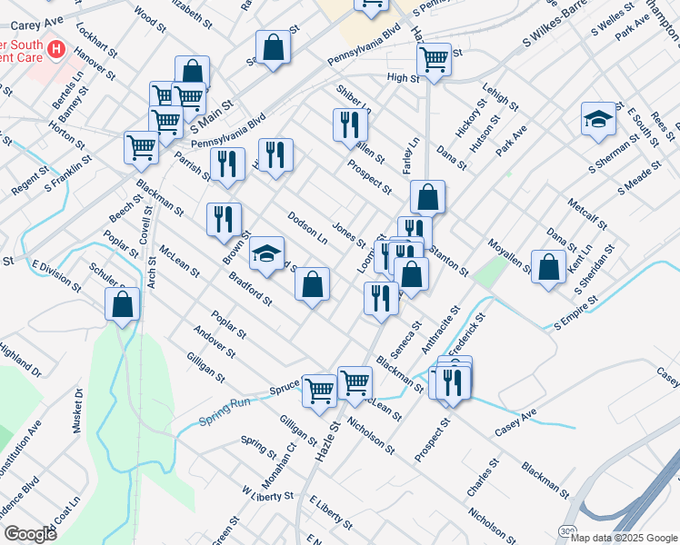 map of restaurants, bars, coffee shops, grocery stores, and more near 268 Parrish Street in Wilkes-Barre
