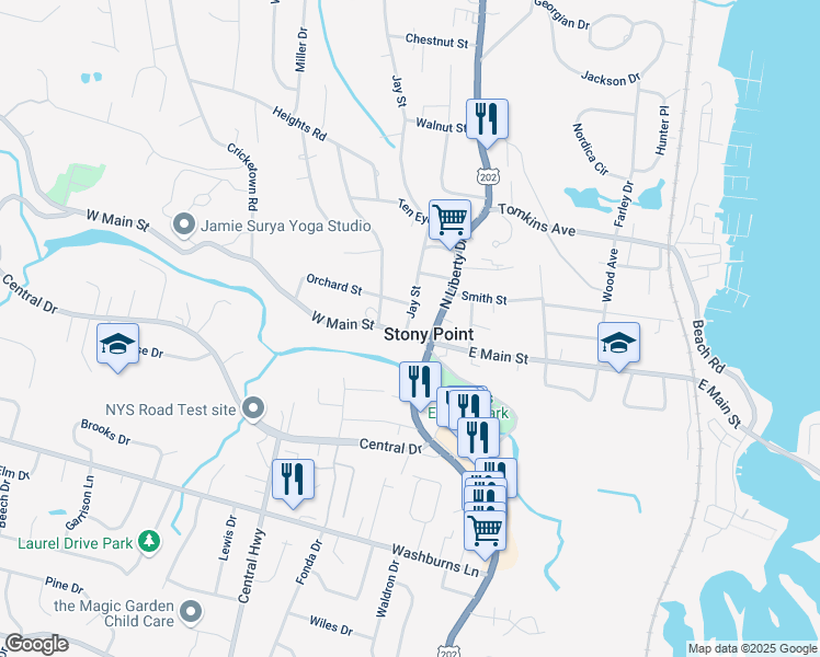 map of restaurants, bars, coffee shops, grocery stores, and more near in Stony Point