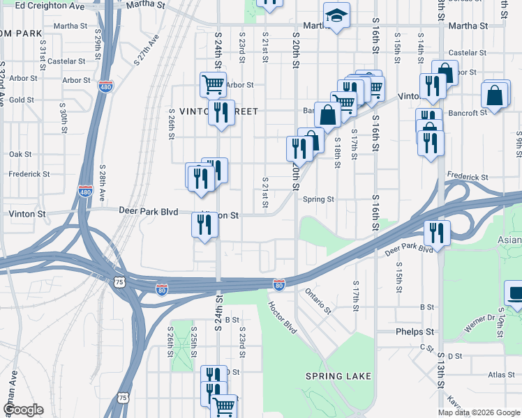 map of restaurants, bars, coffee shops, grocery stores, and more near 2109 Vinton Street in Omaha