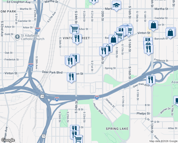 map of restaurants, bars, coffee shops, grocery stores, and more near 2109 Vinton Street in Omaha