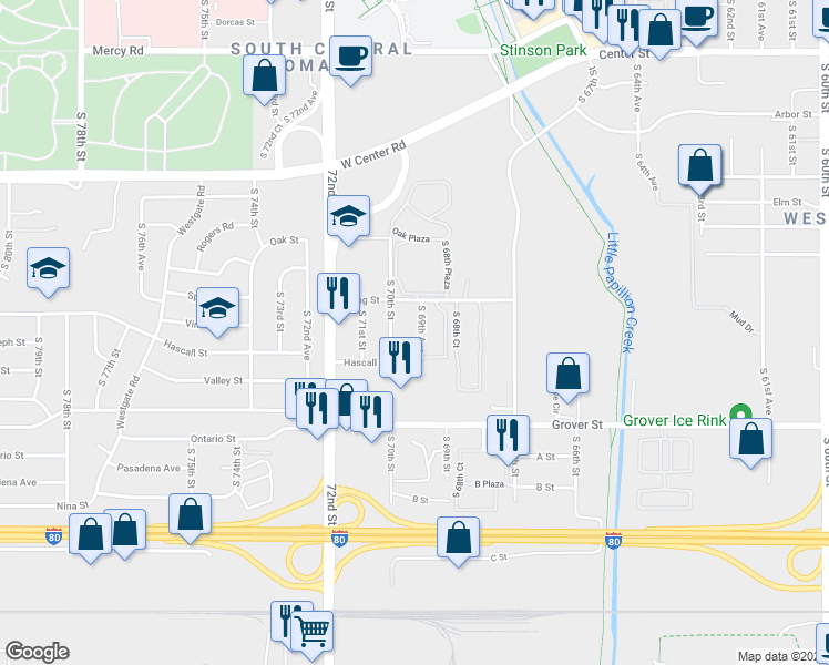 map of restaurants, bars, coffee shops, grocery stores, and more near 3221 South 70th Street in Omaha