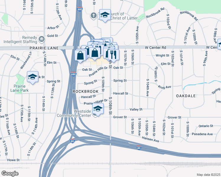 map of restaurants, bars, coffee shops, grocery stores, and more near 3305 South 108th Street in Omaha