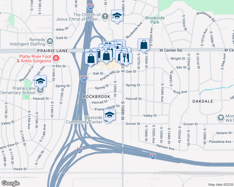 map of restaurants, bars, coffee shops, grocery stores, and more near 3313 South 109th Street in Omaha