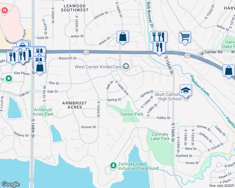 map of restaurants, bars, coffee shops, grocery stores, and more near 16105 Spring Street in Omaha