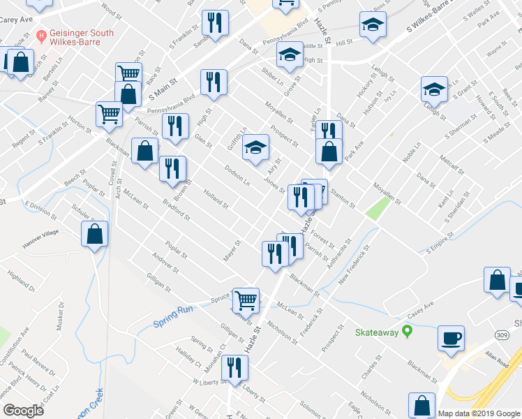 map of restaurants, bars, coffee shops, grocery stores, and more near 266 Parrish Street in Wilkes-Barre