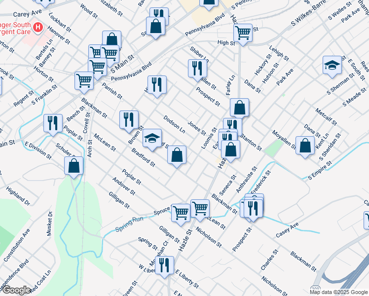 map of restaurants, bars, coffee shops, grocery stores, and more near 251 Parrish Street in Wilkes-Barre