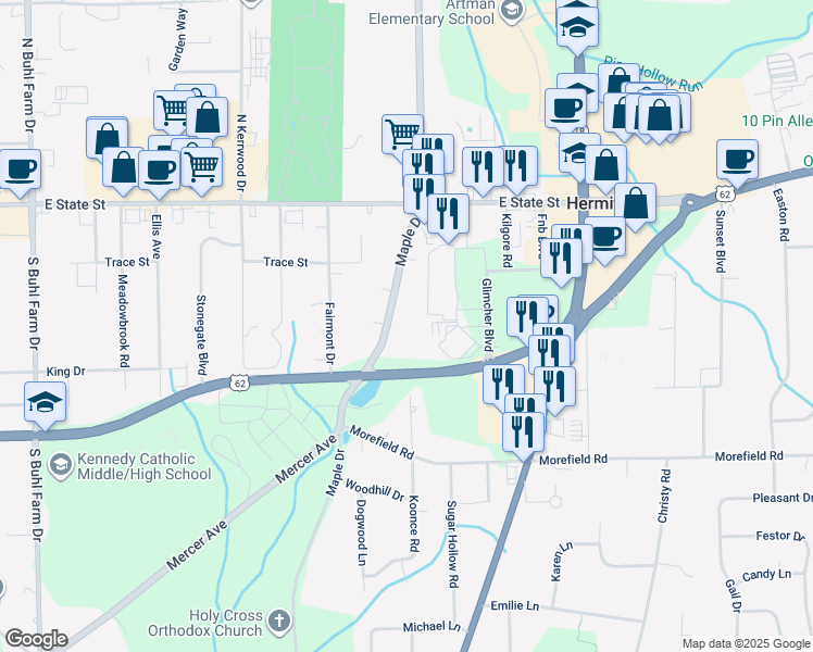 map of restaurants, bars, coffee shops, grocery stores, and more near 279 Maple Drive in Hermitage