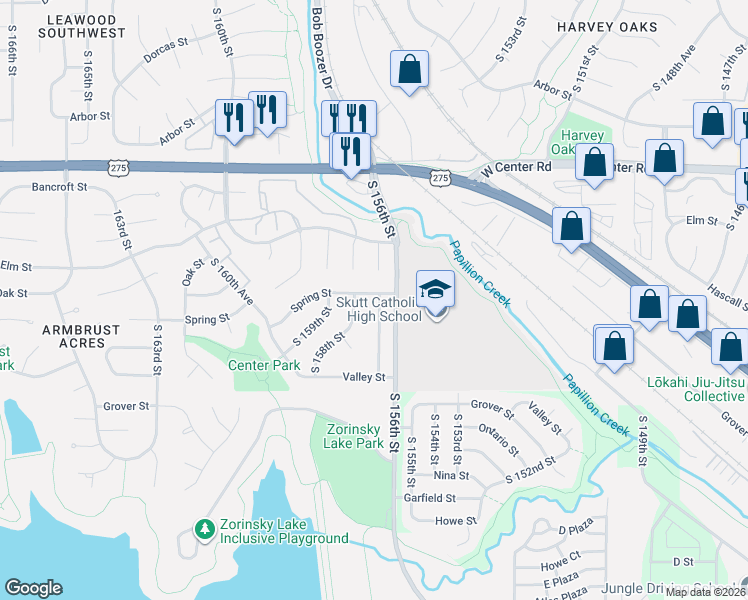 map of restaurants, bars, coffee shops, grocery stores, and more near 3106 South 157th Street in Omaha