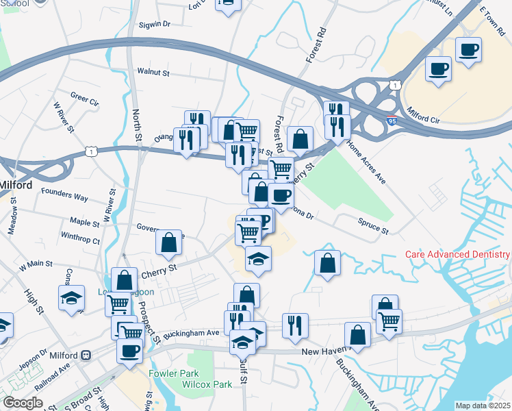 map of restaurants, bars, coffee shops, grocery stores, and more near 202 Cherry Street in Milford