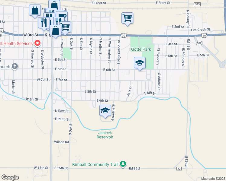 map of restaurants, bars, coffee shops, grocery stores, and more near 801-899 South Washington Street in Kimball