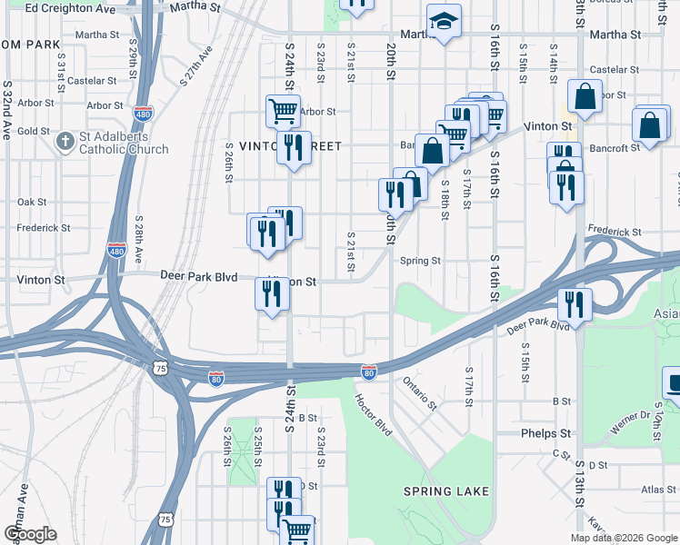 map of restaurants, bars, coffee shops, grocery stores, and more near 2109 Vinton Street in Omaha