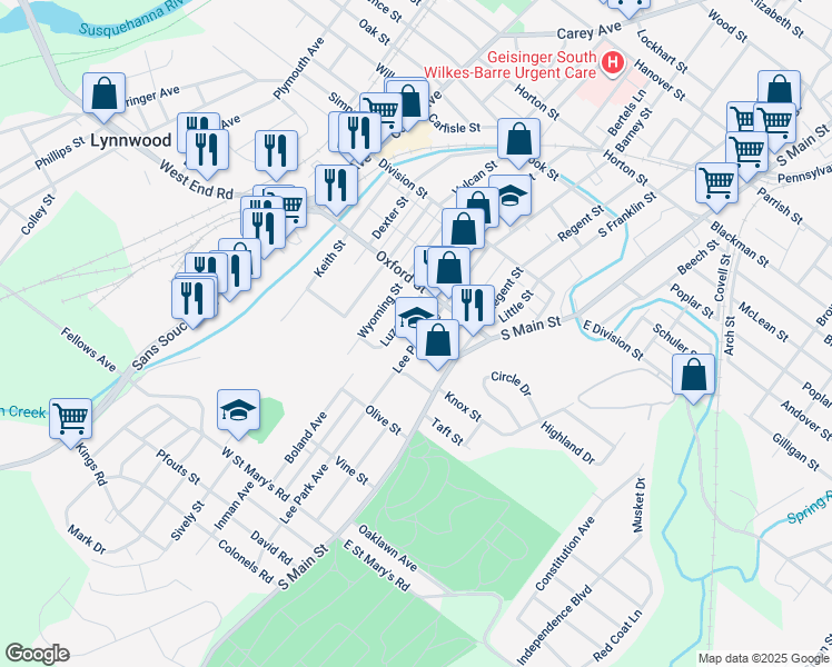 map of restaurants, bars, coffee shops, grocery stores, and more near 90 Lee Park Avenue in Wilkes-Barre
