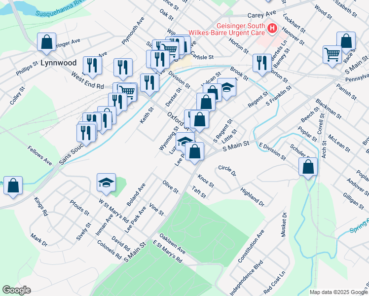 map of restaurants, bars, coffee shops, grocery stores, and more near 90 Lee Park Avenue in Wilkes-Barre