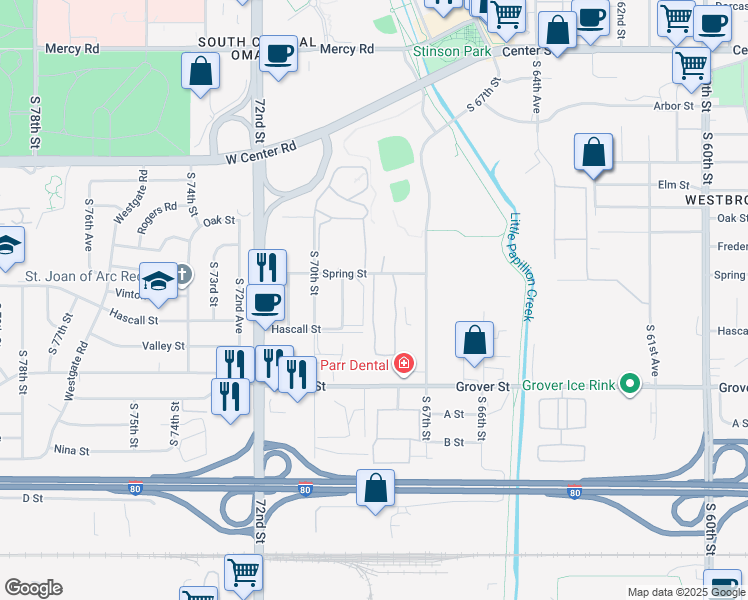 map of restaurants, bars, coffee shops, grocery stores, and more near 3020 South 68th Court in Omaha