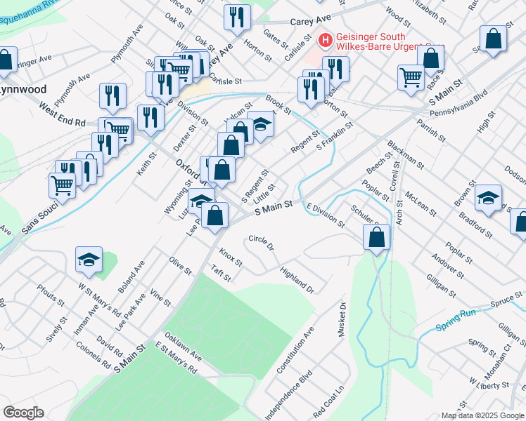 map of restaurants, bars, coffee shops, grocery stores, and more near 17-19 Little Street in Wilkes-Barre