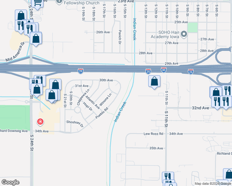 map of restaurants, bars, coffee shops, grocery stores, and more near 1500 Wyandot Road in Council Bluffs