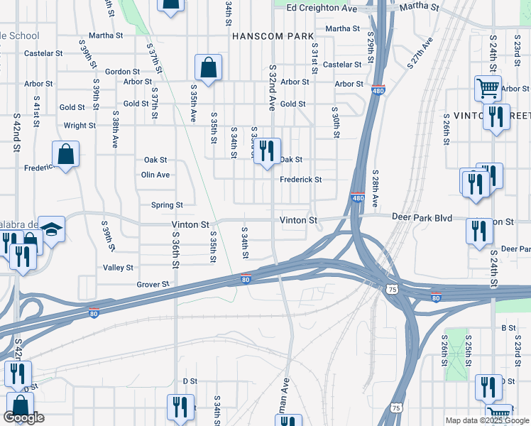 map of restaurants, bars, coffee shops, grocery stores, and more near 3075 South 33rd Street in Omaha