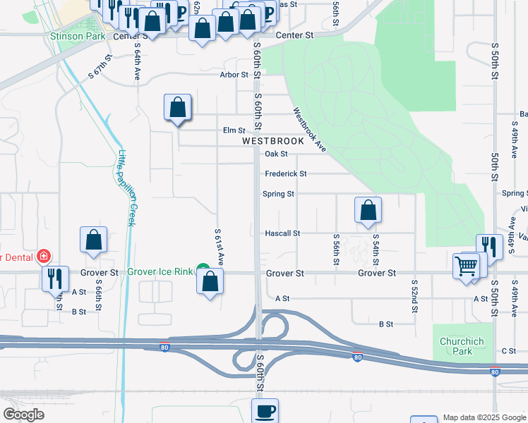 map of restaurants, bars, coffee shops, grocery stores, and more near 3101 South 60th Street in Omaha