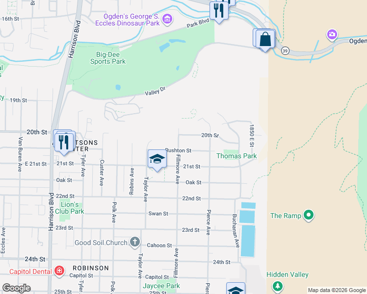 map of restaurants, bars, coffee shops, grocery stores, and more near 1612 Rushton Street in Ogden