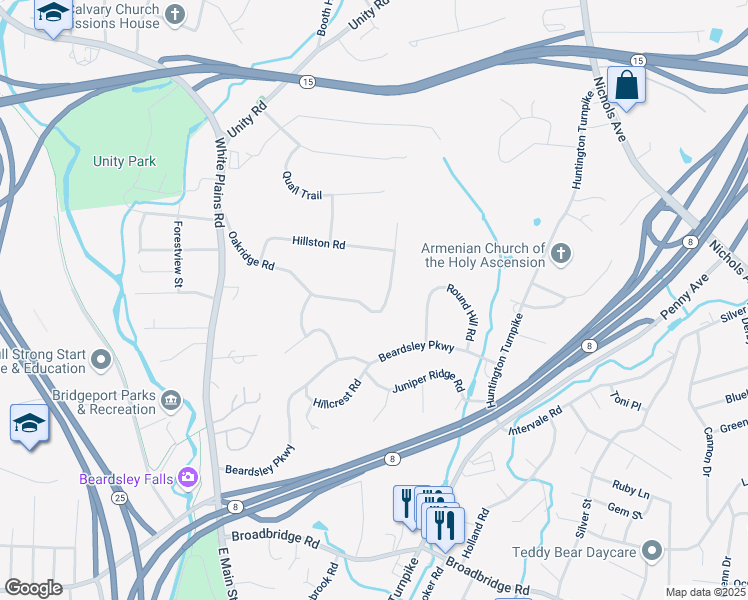 map of restaurants, bars, coffee shops, grocery stores, and more near 110 Oakridge Road in Trumbull