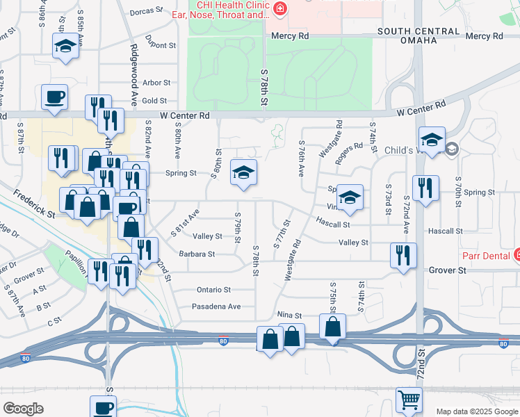 map of restaurants, bars, coffee shops, grocery stores, and more near 3309 South 78th Street in Omaha