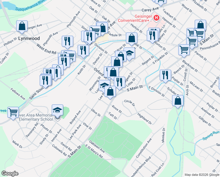map of restaurants, bars, coffee shops, grocery stores, and more near 62 Lee Park Avenue in Wilkes-Barre