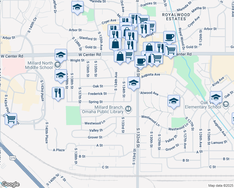 map of restaurants, bars, coffee shops, grocery stores, and more near 3106 South 134th Avenue in Omaha