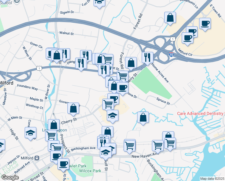 map of restaurants, bars, coffee shops, grocery stores, and more near 230 Cherry Street in Milford