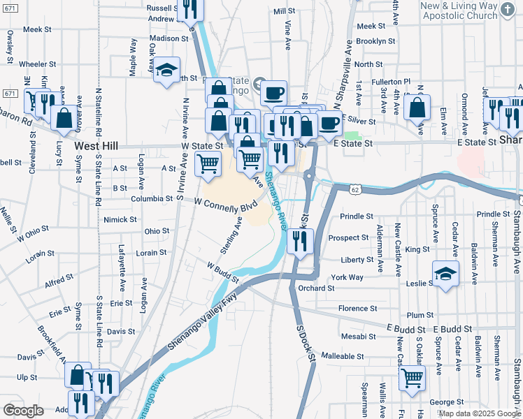 map of restaurants, bars, coffee shops, grocery stores, and more near 84 West Connelly Boulevard in Sharon