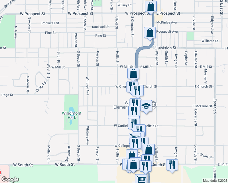 map of restaurants, bars, coffee shops, grocery stores, and more near 200-232 West Church Street in Kewanee