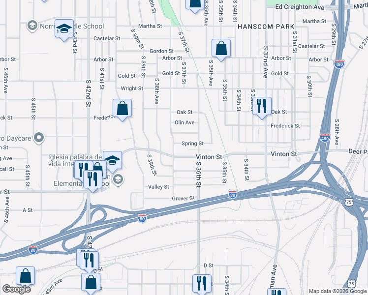 map of restaurants, bars, coffee shops, grocery stores, and more near 3615 Frederick Street in Omaha