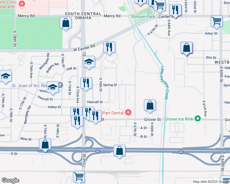 map of restaurants, bars, coffee shops, grocery stores, and more near 54 South 68th Plaza in Omaha