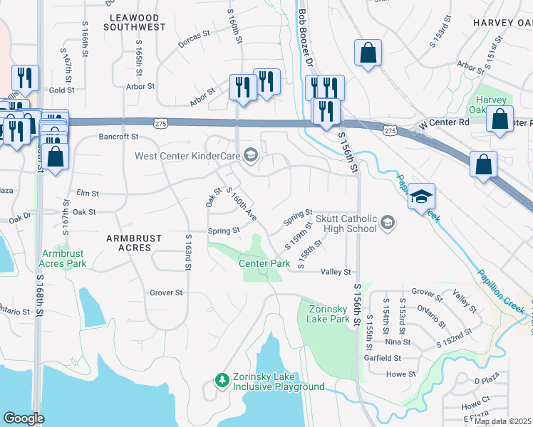 map of restaurants, bars, coffee shops, grocery stores, and more near 3028 South 159th Avenue Circle in Omaha