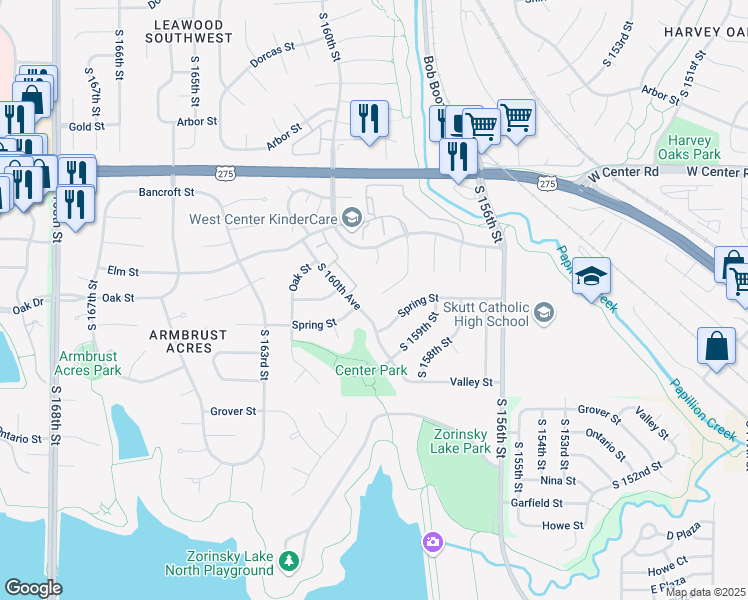map of restaurants, bars, coffee shops, grocery stores, and more near 3028 South 159th Avenue Circle in Omaha