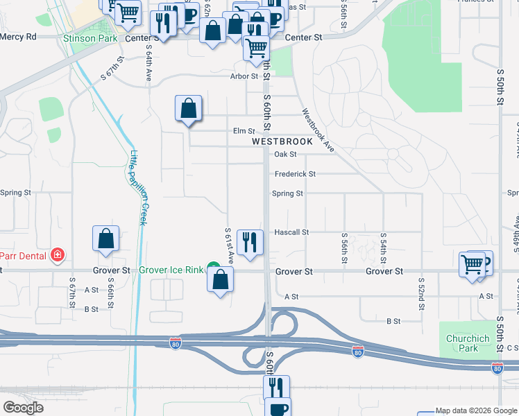 map of restaurants, bars, coffee shops, grocery stores, and more near 3101 South 60th Street in Omaha