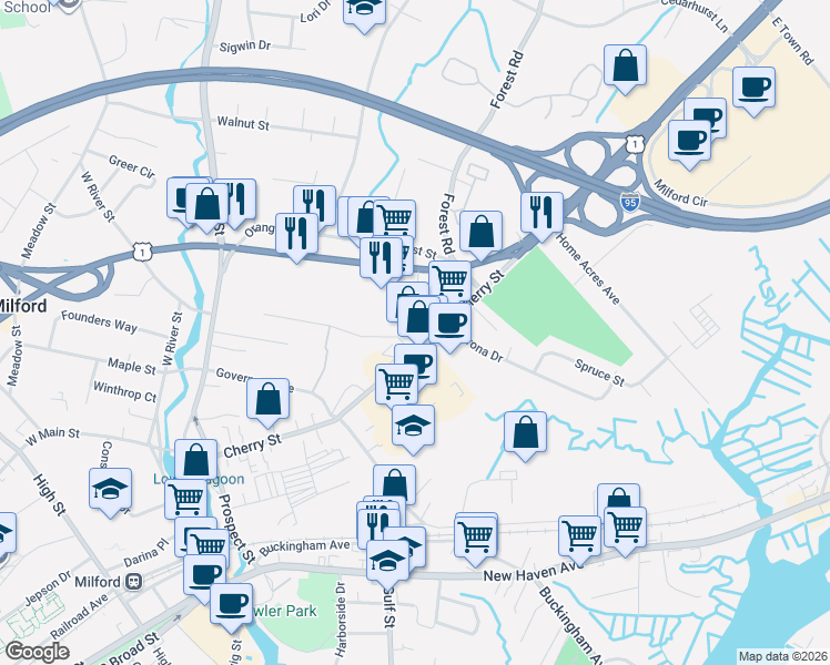 map of restaurants, bars, coffee shops, grocery stores, and more near 208 Cherry Street in Milford
