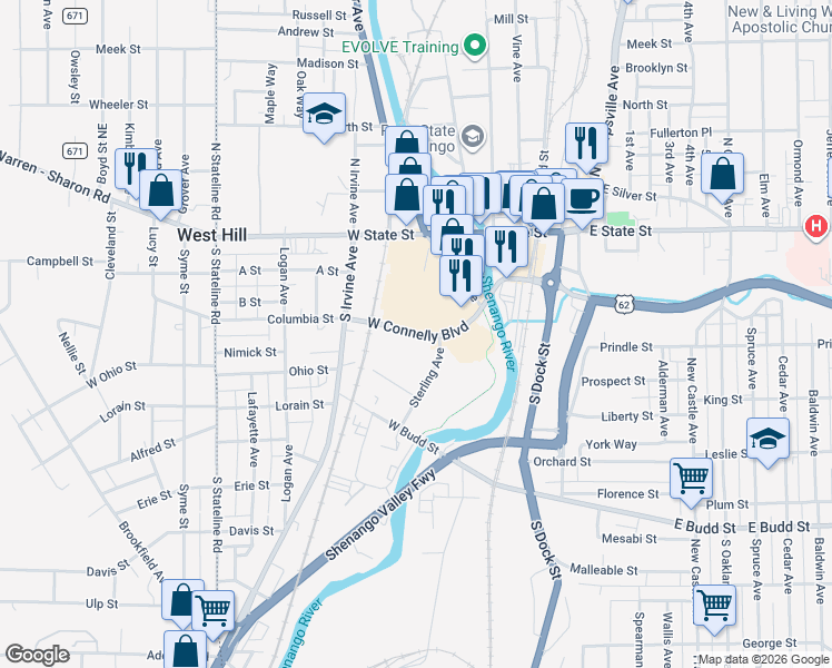 map of restaurants, bars, coffee shops, grocery stores, and more near 34 West Connelly Boulevard in Sharon