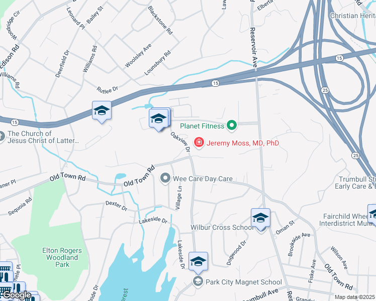 map of restaurants, bars, coffee shops, grocery stores, and more near 25 Oakview Drive in Trumbull