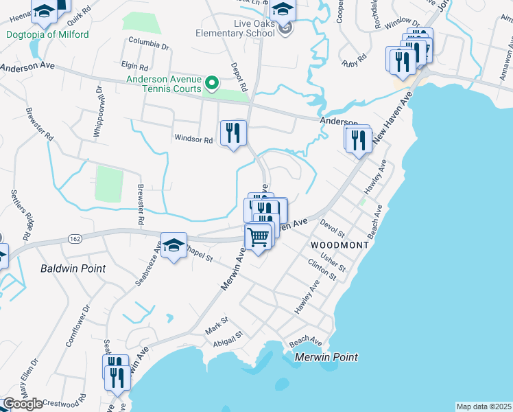 map of restaurants, bars, coffee shops, grocery stores, and more near 188 Penn Common in Milford