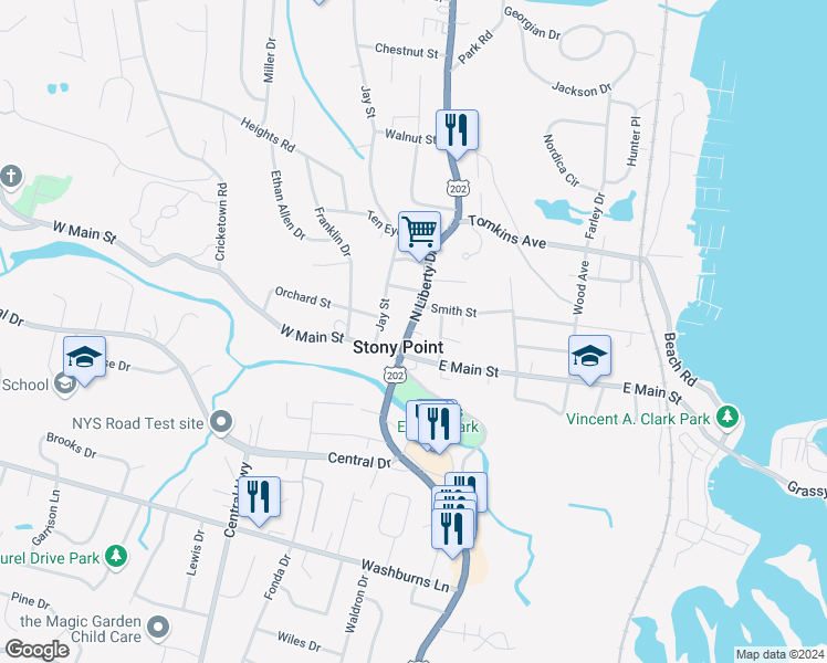 map of restaurants, bars, coffee shops, grocery stores, and more near 18 North Liberty Drive in Stony Point