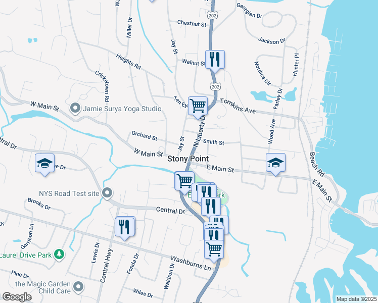 map of restaurants, bars, coffee shops, grocery stores, and more near 12 Jay Street in Stony Point