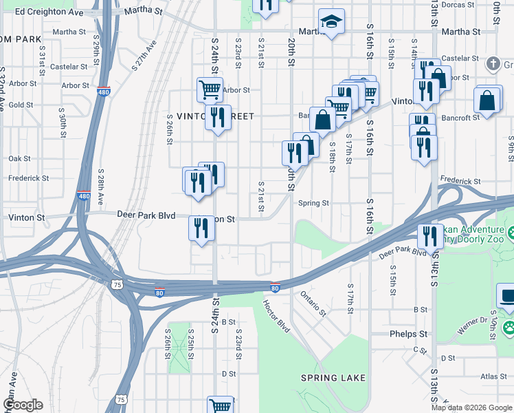 map of restaurants, bars, coffee shops, grocery stores, and more near 3110 South 21st Street in Omaha