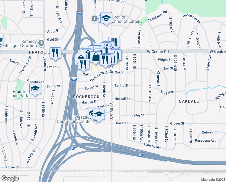 map of restaurants, bars, coffee shops, grocery stores, and more near 3105 South 108th Street in Omaha