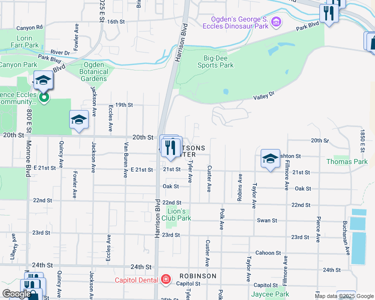 map of restaurants, bars, coffee shops, grocery stores, and more near 2025 Tyler View Way in Ogden